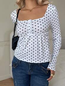 SHEIN EZwear 女式休闲白色波尔卡圆点方领长袖修身T恤，秋季 - 白色 - 查看 4