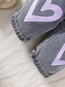 SHEIN Bộ áo liền quần denim xếp nếp cổ tròn tay dài màu trơn in hình trái tim cho bé gái - Màu tím - Xem 6