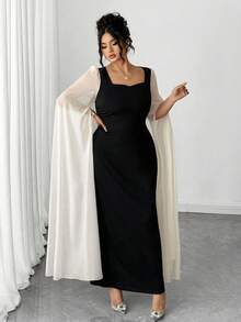Elenzga Plus Size Women Elegant Waist Fitted Black & White Mesh Sleeve Dress Fall Cloth For Women - Black - View 7