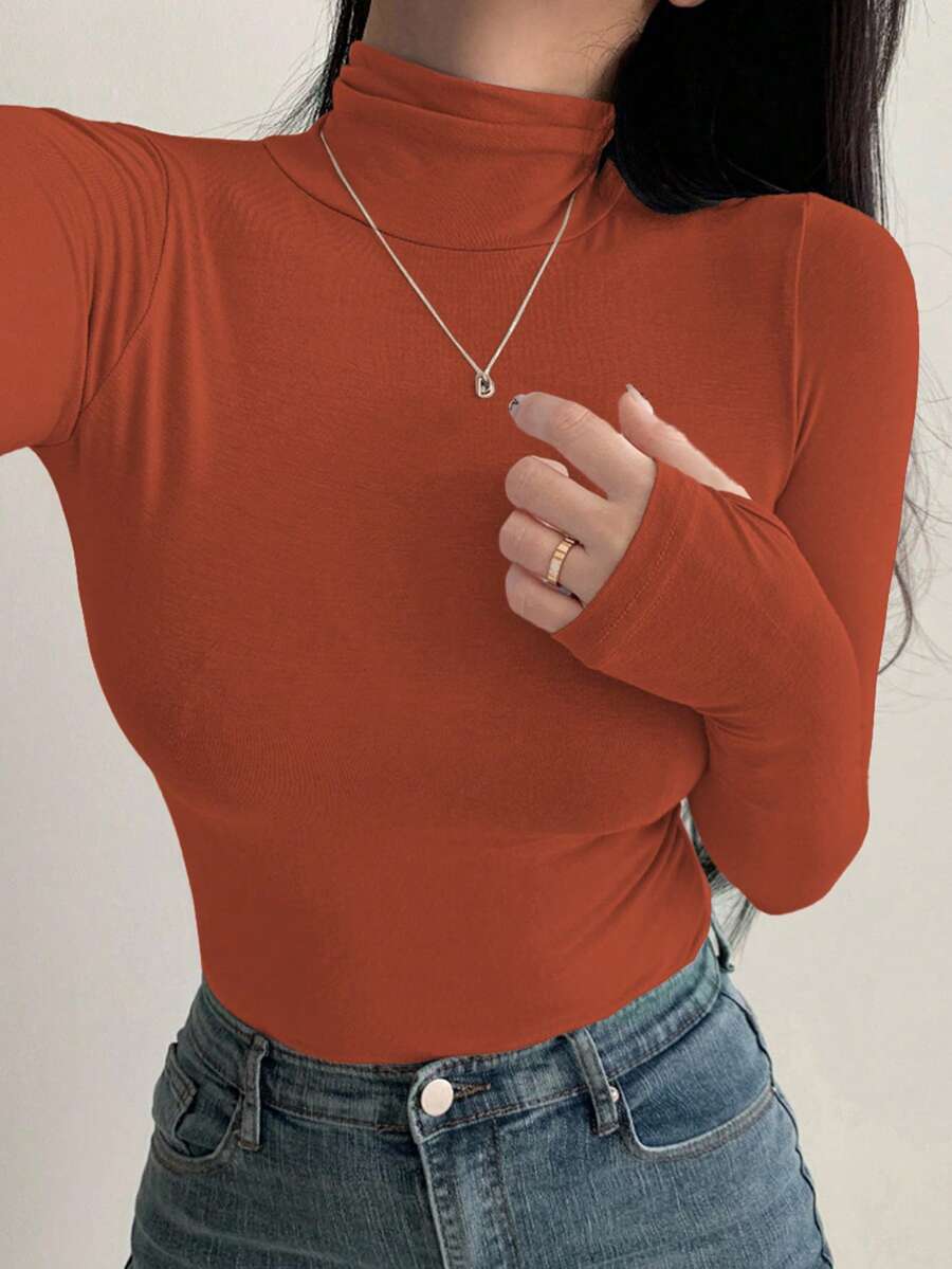 DAZY Women's Turtleneck Long Sleeve Base Layer T-Shirt, Black, Spring/Summer/Autumn - Rose Red - View 1