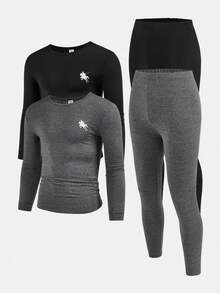 SHEIN Teen Boys' Black & Grey Minimalist Fitted Base Layer, Comfortable & Warm, Casual Collegiate Style, Versatile & Practical, Soft Fabric, Suitable For Daily Wear, School, Outings, Outdoor Activities, Autumn/Winter - Multicolor - View 4