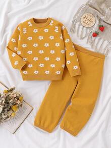 SHEIN Vintaside Kids 女童和幼儿休闲、时尚、可爱卡通花朵毛衣和毛衣+毛衣裤羊毛套装，适合旅行和外出 - 黃色 - 查看 3