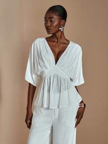 JIAN LASALA V领蝙蝠袖喇叭下摆亚麻混纺纯色女式上衣，秋季优雅休闲度假奢华时尚服装系列，白色 - 白色 - 查看 4