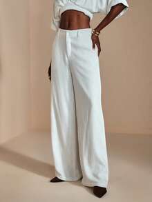 JIAN LASALA High-Waist Slant Pockets Solid Linen Blend Wide Leg Long Pants Women Elegant Autumn Casual Luxury Stylish Clothing Collection White - White - View 1