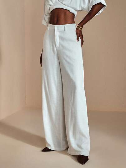 JIAN LASALA High-Waist Slant Pockets Solid Linen Blend Wide Leg Long Pants Women Elegant Autumn Casual Luxury Stylish Clothing Collection White