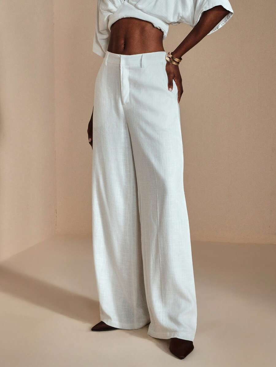 JIAN LASALA High-Waist Slant Pockets Solid Linen Blend Wide Leg Long Pants Women Elegant Autumn Casual Luxury Stylish Clothing Collection White - White - View 1