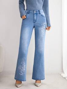 Elenzga 女式刺绣塑形口袋喇叭牛仔裤 - 藍色 - 查看 3