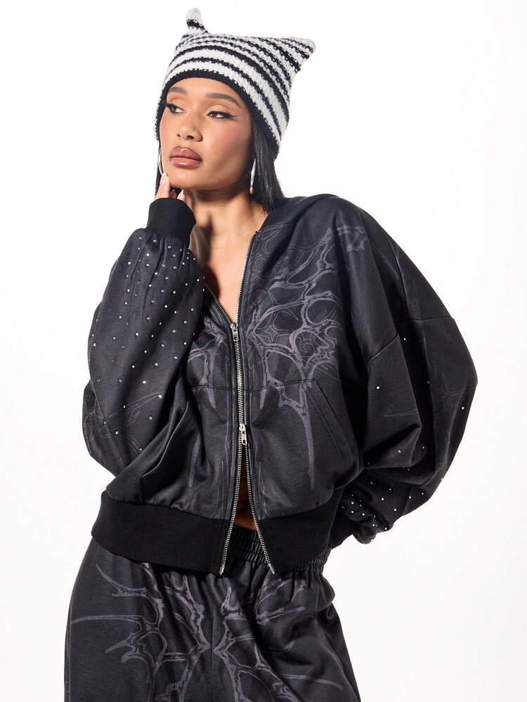 SUMWON WOMEN Oversized Zip Hoodie With Rhinestone Details