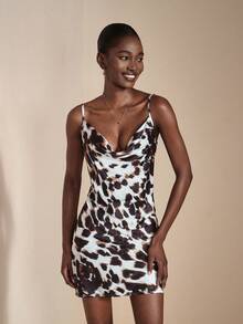JIAN LASALA Leopard Printed Satin Spaghetti Straps Cowl Neck Mini Pajama Dress Women Nightgown Luxury Stylish Clothing Collection Elegant Sleep Dress - Multicolor - View 4