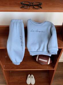 SHEIN 2pcs Baby Boy/Girl Cute Versatile Grey & Blue Fleece Letter Graphic Long Sleeve Sweatshirt & Joggers Tracksuit Set, Autumn/Winter