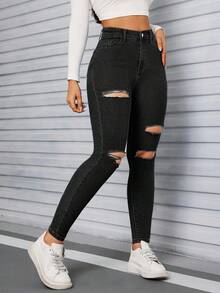 SHEIN EZwear Black Slant Pocket Ripped Skinny Jeans,Black Jeans - Black - View 3