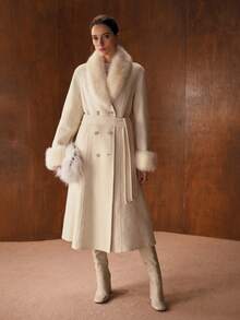 MOTF PREMIUM WOOL ELEGANT FURRY COLLAR BELTED OVERCOAT, AUTUMN/WINTER - White - View 9