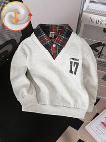 Genkimix Kids 1 件男童灰色羊毛复古学院风二合一拼布衬衫 Polo 领格子卫衣，长袖上衣，带有数字 17 印花，宽松版型休闲日常穿着，适合外出、上学、街头、春/秋/冬 - 灰色 - 查看 1