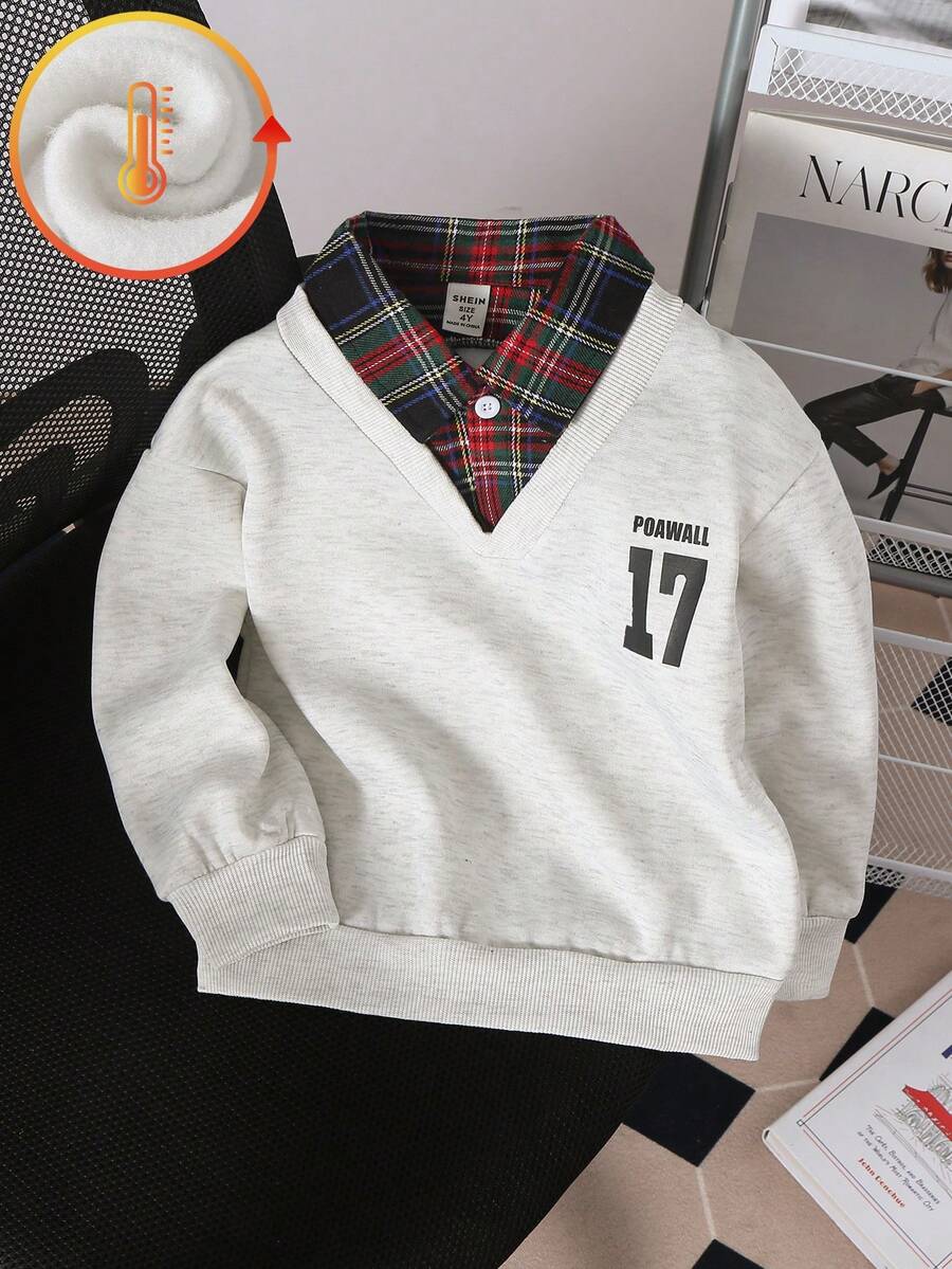 Genkimix Kids 1 件男童灰色羊毛复古学院风二合一拼布衬衫 Polo 领格子卫衣,长袖上衣,带有数字 17 印花,宽松版型休闲日常穿着,适合外出、上学、街头、春/秋/冬 - 灰色 - 查看 1
