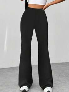 Flirla Women Solid Color Simple Textured Flare Pants Fall Cloth For Women - Black - View 3