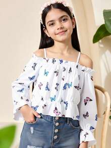 SHEIN Tween Girl Butterfly Print Cold Shoulder Peplum Blouse - White - View 1