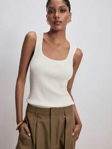 ATUI Studio 女士针织背心，蕾丝边方领无袖休闲百搭吊带背心，时尚百搭，休闲叠穿针织背心 - 米色 - 查看 8