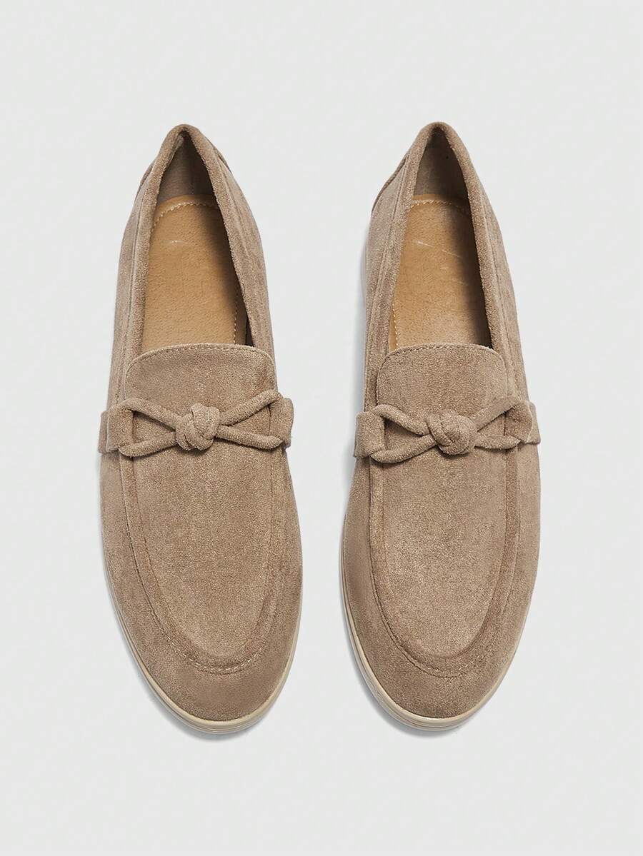 CUCCOO BIZCHIC 女式卡其色绒面革蝴蝶结设计舒适休闲乐福鞋，适合通勤、户外、旅行、购物、工作和日常穿着 - 卡其色 - 查看 1