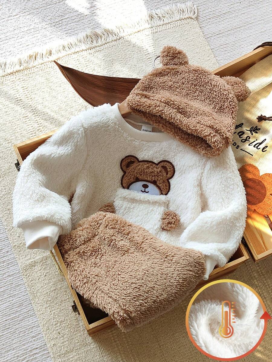 Vintaside Kids Babyboy A Two Pieces Set Of Winter Beige Double-Sided Fleece Round-Neck Long-Sleeved Top And Khaki Tapered Long Pants Comes With A Cute Three-Dimensional Bear Ear Hat. The Pocket On The Chest Has A Cute And Adorable Bear Embroidery Pattern. Made Of Plush Fabric, It Is Warm And Comfortable, Suitable For Daily Outings Such As Going To School, Taking A Vacation, Learning To Walk, Relaxing At Home, And Attending Parties