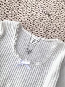 Tween Girl Street, Basic, Daily, Versatile, Solid White Knit Crew Neck Loose Long Sleeve Contrast Lace Bow T-Shirt Top, Back-To-School, Cute Winter White Ribbed Long Sleeve To - White - View 3