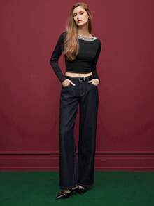 Maija Women's Elegant Rhinestone Embellished Long Sleeve Fitted T-Shirt, Spring/Autumn