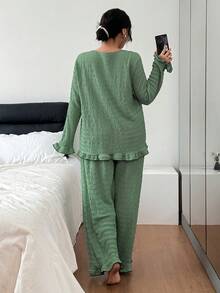 Dream Adore Ensemble pyjama femme casual avec Top à manches longues col rond, volants, nœud papillon et contraste de couleurs, et pantalon. grande taille, vêtements d'hiver - Vert - Voir 2