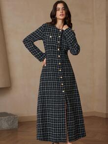 BELROSIE Elegant Autumn Black And White Checkered English Style Plaid Cross Pattern Metal Buckle Thick Fabric Double Pocket A-Line Long Sleeve Dining Dress - Black and White - View 1