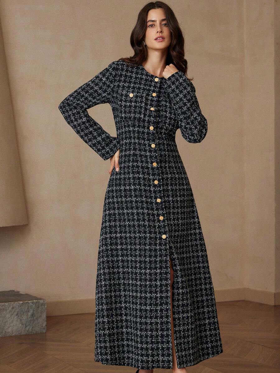 BELROSIE Elegant Autumn Black And White Checkered English Style Plaid Cross Pattern Metal Buckle Thick Fabric Double Pocket A-Line Long Sleeve Dining Dress - Black and White - View 1