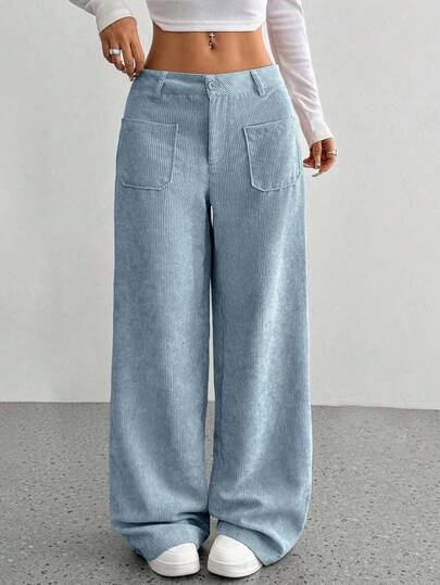 SHEIN Unity 2025 Autumn/Winter Retro Corduroy High-Quality Casual Wide-Leg Straight Pants, Blue Versatile