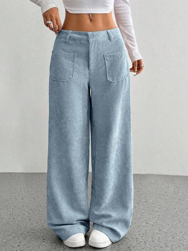 SHEIN Unity 2025 Autumn/Winter Retro Corduroy High-Quality Casual Wide-Leg Straight Pants, Blue Versatile
