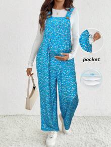 SHEIN Fall Clothes,Autumn Clothes,Materity Autumn Clothes Maternity Maternity Casual Vacation Style Ditsy Floral Slant Pocket Lightweight Bib Overall Pants - Blue - View 1
