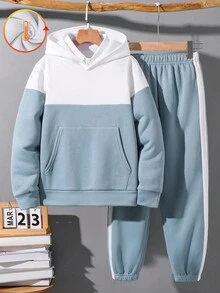 两件套儿童/青少年男童休闲日常舒适撞色拼接连帽卫衣和宽松运动裤套装，适合生日派对、晚宴、演出、婚礼、洗礼、开幕式等场合，日常穿着舒适，适合上学、旅行和运动，秋冬季舒适百搭。 - 彩色 - 查看 6
