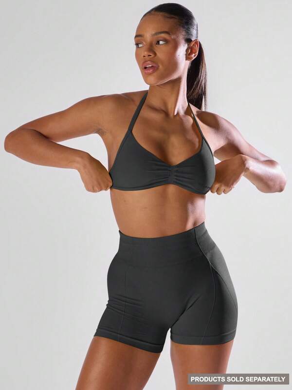 Musera Sport Sujetador deportivo con busto fruncido, espalda abierta y cuello halter, cómodo y activo para entrenamiento, gimnasio, correr, club de running, pádel, tenis, pickleball