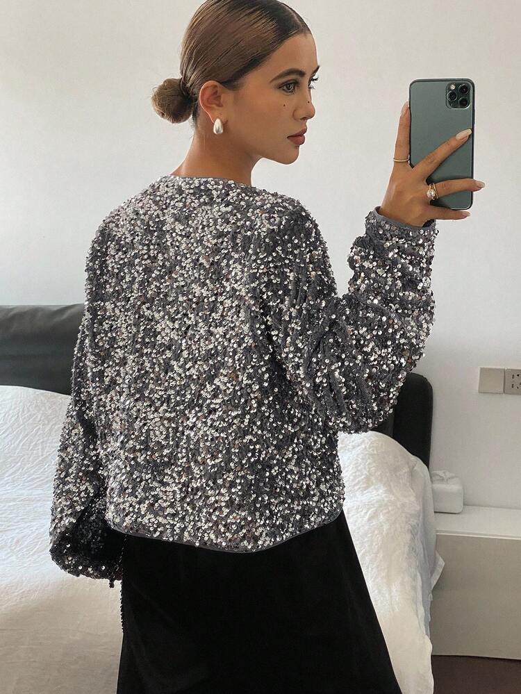 Tall Women's Sequin Bowknot Front Cardigan, Casual Sweater For Tall Girls