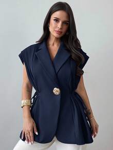 Firerie 女士新款休闲优雅百搭金属纽扣亚麻海军蓝薄款西装外套/仿亚麻西装外套/褶皱领带上衣/商务休闲女装/女士教师装/女士复古服装/秋冬女士办公室服装 - 藏蓝色 - 查看 5
