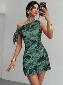 Firerie Vestido mini de vacaciones elegante y sexy con hombro asimétrico y floral nuevo para mujer en verano, vestido floral de malla, vestido de cuello asimétrico, ropa de primavera/verano, atuendo de playa, elegante, sexy, vacaciones, playa, Hawái, cita, fiesta, festival de música, vestido de graduación, baile de graduación