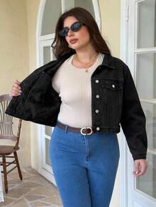 EMERY ROSE Plus Size Casual Commuter Cropped Denim Jacket - Black - View 11