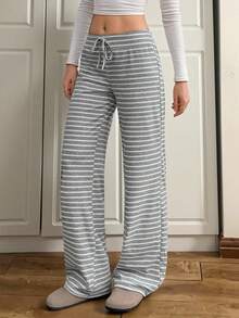 SHEIN Tall 女士低腰条纹磨毛抽绳瑜伽休闲阔腿裤，秋冬季，女士冬季，女士感恩节，女士休闲，灰色休闲条纹裤 - 白色 - 查看 1