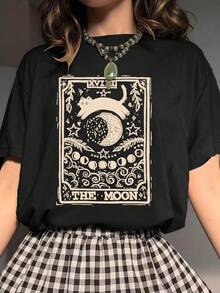 Flirla Camiseta de manga corta con cuello redondo, estampado de gato y luna, apta para primavera y verano - Negro - Ver 1