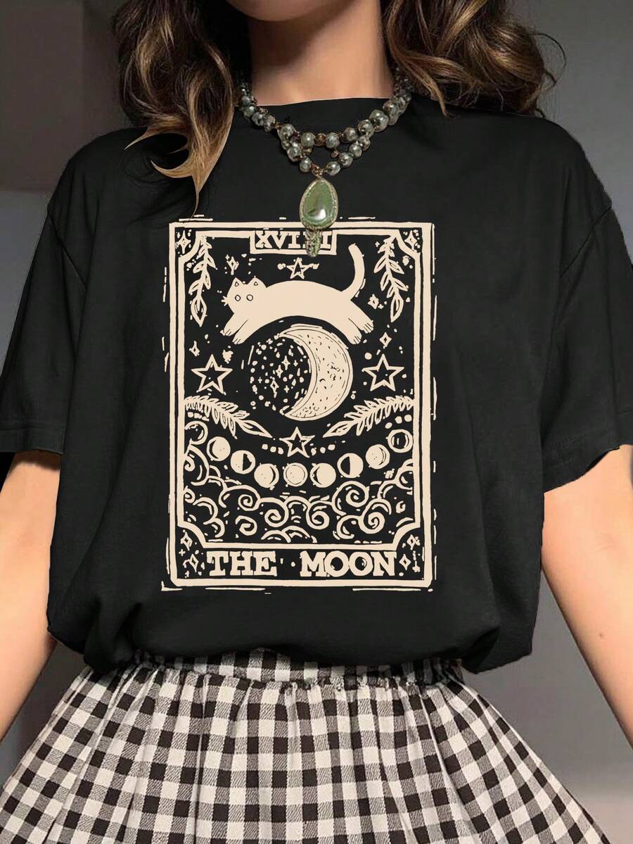 Flirla Camiseta de manga corta con cuello redondo, estampado de gato y luna, apta para primavera y verano - Negro - Ver 1