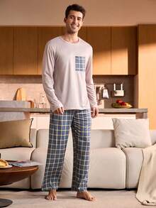 Manfinity Underwear&Sleepwear Basics 男士格子印花拼接口袋长袖上衣和宽松长裤家居服套装，秋冬款，圣诞节 - 棕色 - 查看 3