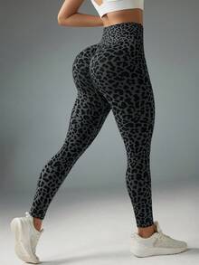Gameset SHEIN Sport Women's Seamless Leopard Print High Stretch Leggings, Suitable For Yoga, Workout, And Daily Commute - Dark Grey - View 7