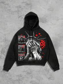 ROMWE MEN Street Life 男士休闲自由女神像印花连帽卫衣，秋冬 - 黑色 - 查看 3