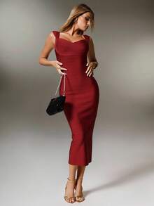 Nuvra Women's Fitted Waist Ribbed Knit Burgundy Midi Bodycon Party Dress