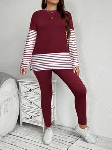 SHEIN LUNE 秋季大码休闲条纹拼布上衣和裤子两件套 - 酒紅色 - 查看 6