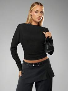 MISSGUIDED 秋冬款落肩长袖收腰短款褶饰上衣 - 黑色 - 查看 5