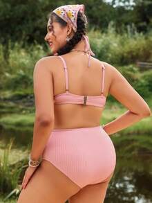 Swim Mod Plus Size Women Underwire Supportive Halter Bikini Set With Tie-Front, Solid Color Sexy Swimsuit For Pool & Beach, Summer