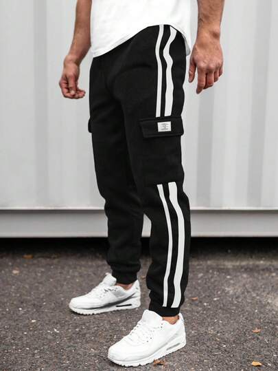 SHEIN Tonårspojkar, casual set med randiga grå och svarta mjukisbyxor med vävda fickor och dragsko, lämpliga för höst, vinter, värme, skolkläder, hemkläder, vardagskläder, sport, födelsedagsfest, utflykter. Matchande, enkelt, termofodrat höst