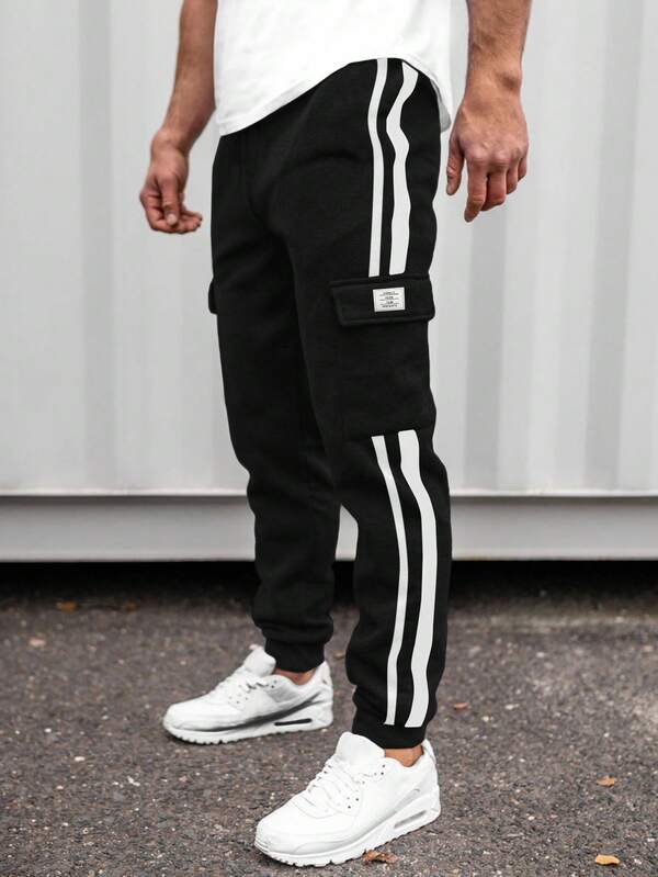 SHEIN Teen Boys' Casual Stripe Grey & Black Webbing Pocket Drawstring Sweatpants Set, Suitable For Autumn, Winter, Warmth, Schoolwear, Homewear, Daily Wear, Sports, Birthday Party, Outings. All-Match, Simple, Thermal Lined Fall