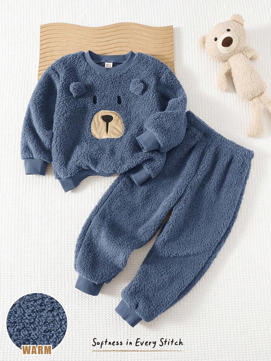 Cozy Pixies 2pcs/Set Young Boy Cartoon Bear Print Thermal Lined Crew Neck Long Sleeve Sweatshirt And Elastic Waist Ankle Cuff Pants Set Baby Boy Sets Terry Cloth Set Boys Sets Boy Clothes Set Winter Boys Outfit - Dusty Blue - View 1